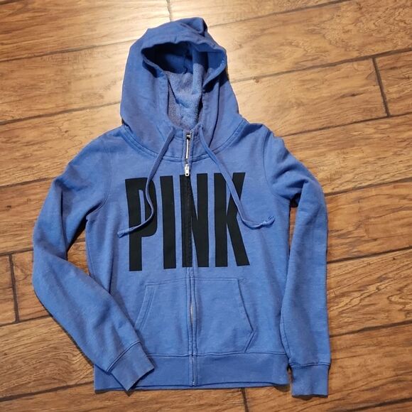 PINK Victoria's Secret Tops - PINK Victoria's Secret blue full zip hooded sweatshirt women's size small